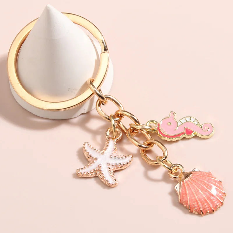 Creative Shell Starfish Alloy Oil Dropping Keychain Pendant Girls' Bag Pearl Keychain Accessories