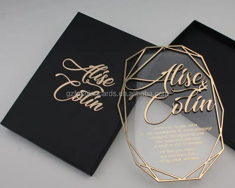 Custom Luxury 5x7 Inches Clear Acrylic Wedding Invitation Gold Initials Elegant Gold Foil Black Paper Box