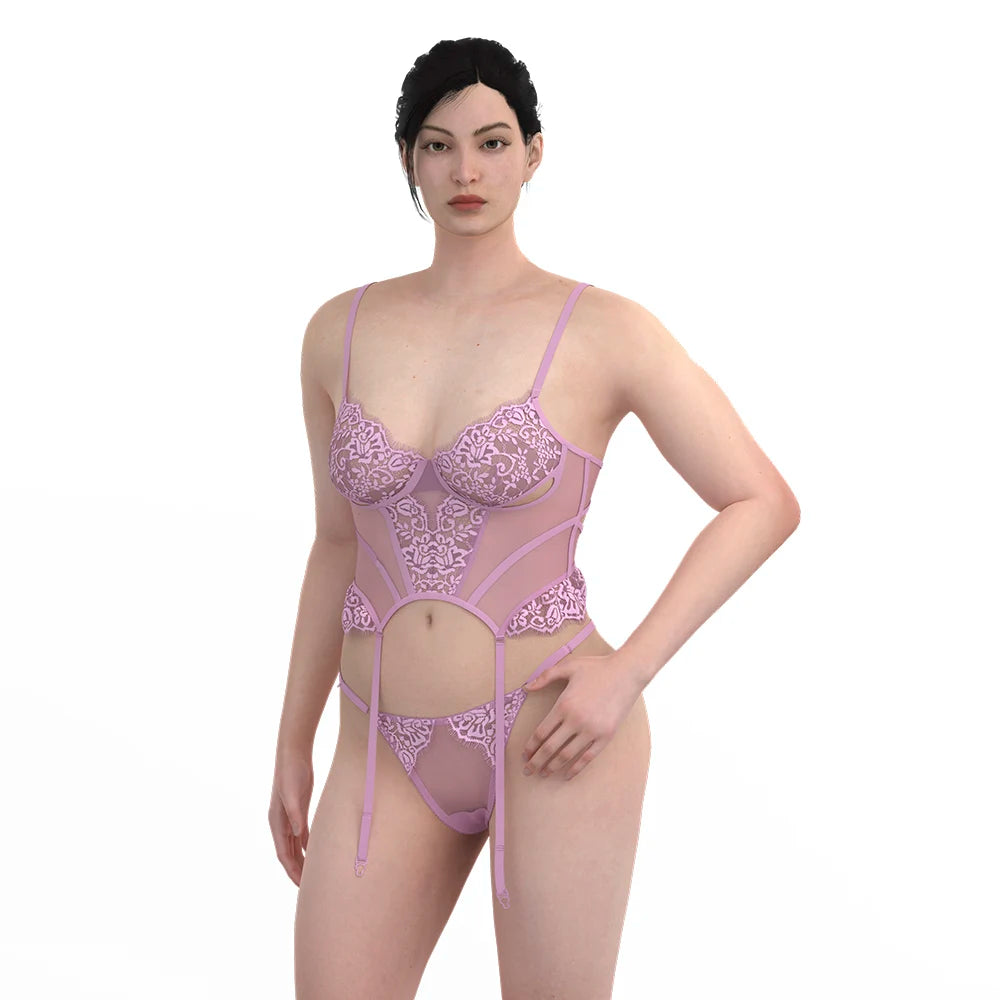 2024 Lady Underwear Fashion Sexy See Through Embroidery Lace Lingerie String Thong Wholesale Corset Bra & Brief Sets