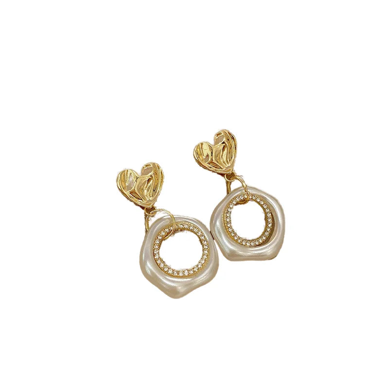 Fashion Jewelry Earrings Trendy Alloy Imitation Pearl Heart Pendant Earrings Geometric Design Rhinestone Round Hollow Earrings