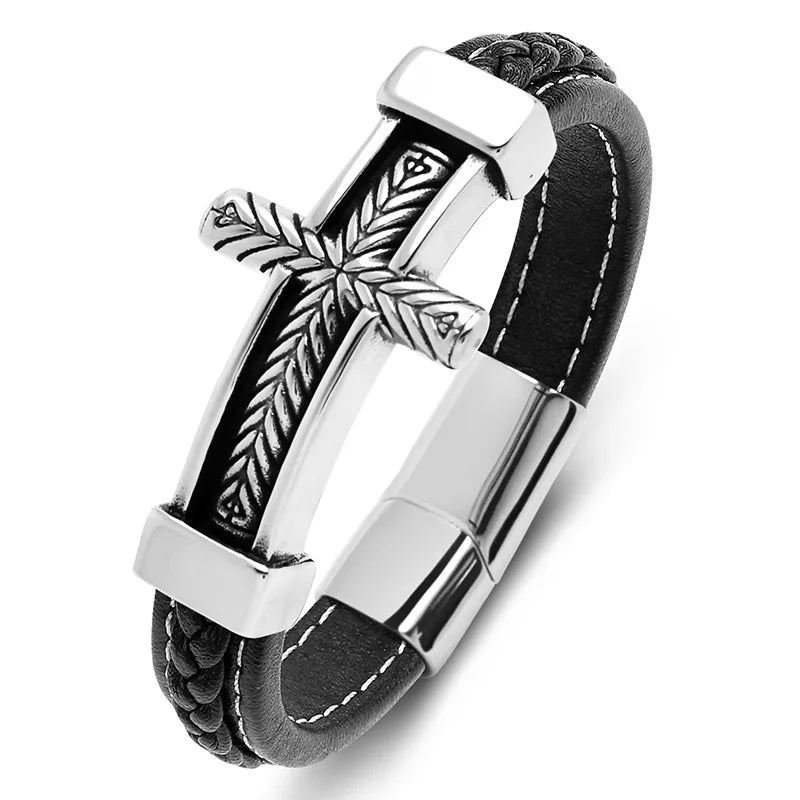 Wholesale No Fade Men's Vintage Style Black Punk Stainless Steel Bracelet with Braided Cross Pattern Fine Jewelry Charm Bracelet