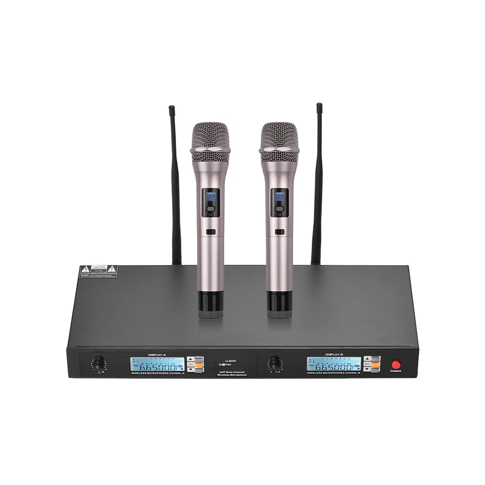U-8020 UHF Dual-Channel Wireless Microphone System Infrared Automatic Frequency Synchronizing with 2 Handheld Mics with Bodypack