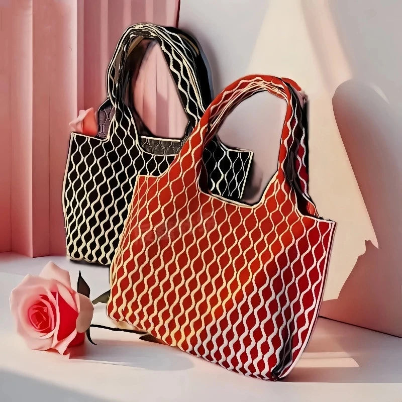 Large Capacity Foldable Lattice Plaid Knit Shoulder Bag for Women Knitted