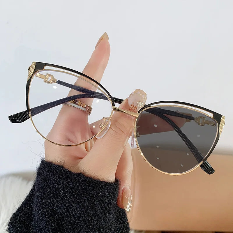 New Fashion Photochromic Anti-blue Light Trendy Metal Non-degree Personalized European and American Cat-eye Glasses Frame