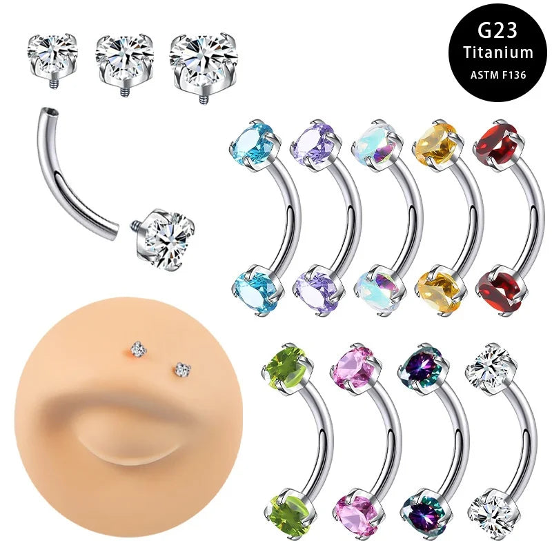 Getta G23 ASTM Titanium Alloy Body Jewelry Double-Ended Zircon Soft Curved Rod for Eyebrow & Nose Ring Facial Piercing Jewelry