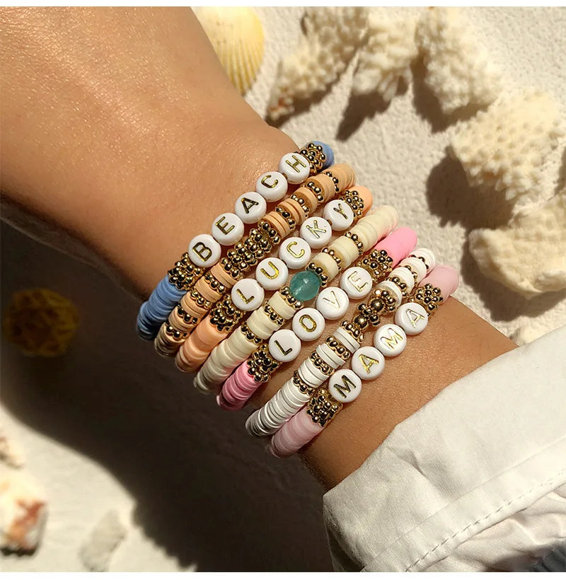 Jingcan Crystal 2022  Boho Heishi Polymer Beaded Bracelets with Letters  Name Diy Letter Bead and Clay Bead Bracelet