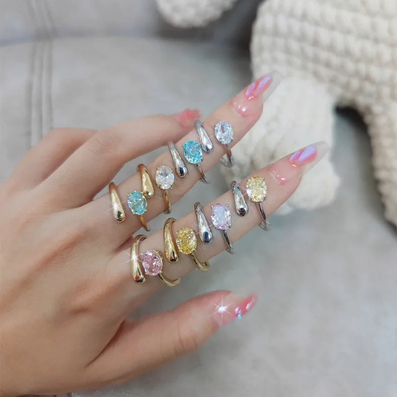 Hot Sale 6*8mm Oval Brilliant Cut Yellow Blue pink Zirconia Diamond Ring 18k Gold Plated 925 Sterling Silver