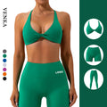 Athletic Gym Wear Women Peach Butt Sports Fitness No Awkward T-Line Open Back Crossed Strappy Bra Pants Shorts 2 Pieces Yoga Set
