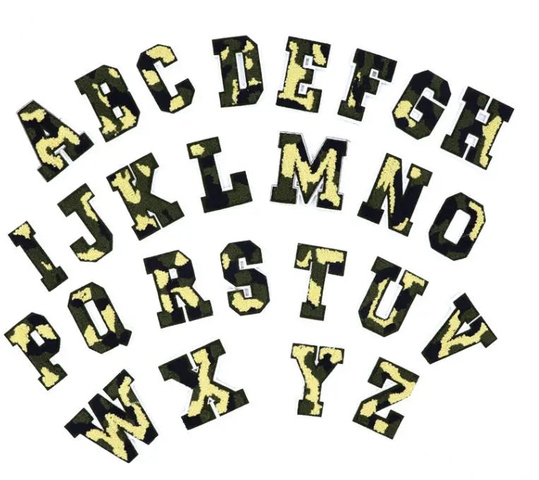 In Stock Handmade Camouflage Chenille PVC 7.2cm Iron-On Embroidered Letter Patches for Hat Use Ym Brand