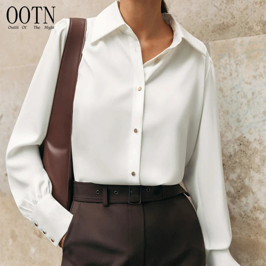 For OOTN 2024 Spring Ladies Office Women Shirt Basic Soft Elegant White Satin Long Sleeve Elegant Lapel Loose Tops for Casual