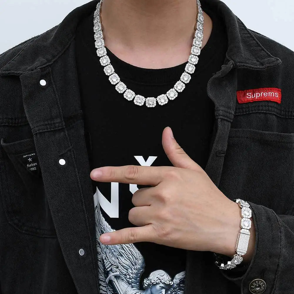 12mm Men Brass Setting CZ Iced Out  Diamond Cluster Chain Necklace Cubic Zirconia Jewelry