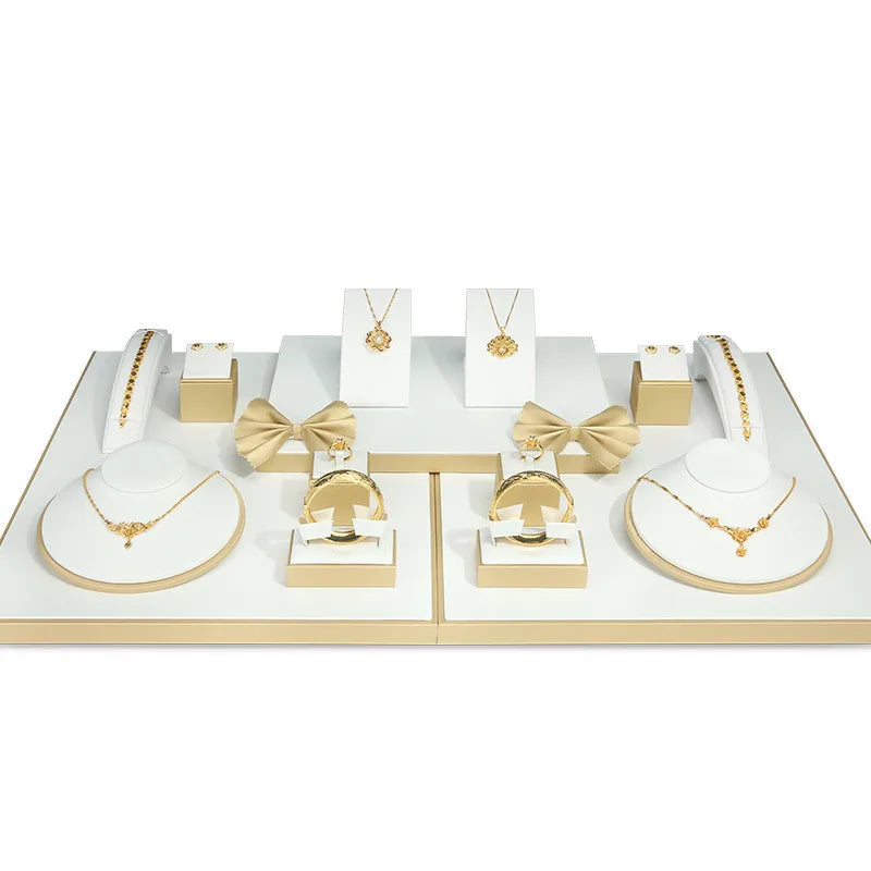 White Suede PU Leather Table Jewelry Display Set Earrings Busts Store Showcase Jewelry Display Stands Set