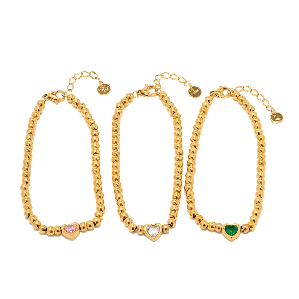 Waterproof Gold Plated Jewelry Cubic Zirconia Adjustable Heart Stone Charms Ball Chains Stainless Steel Beaded Bracelets