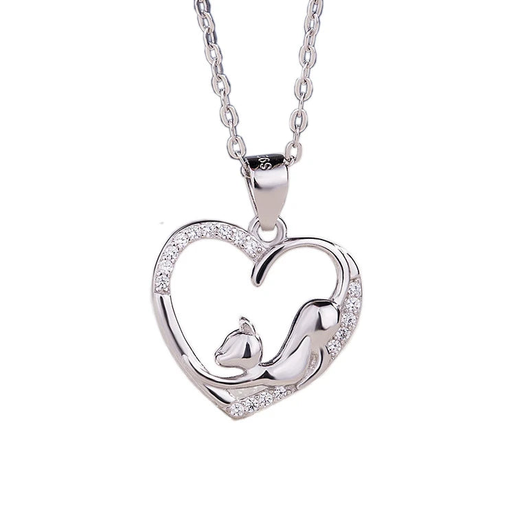 New Trendy Cute Cat Pendant Necklace 925 Sterling Silver Heart Shape Pendant Necklace for Women Girls