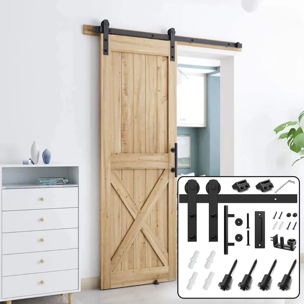 RHETECH Adjustable Roller Wooden Barn Door Hardware Kits Black Sliding Floor Guide for Interior Sitting Durable Steel Rustic