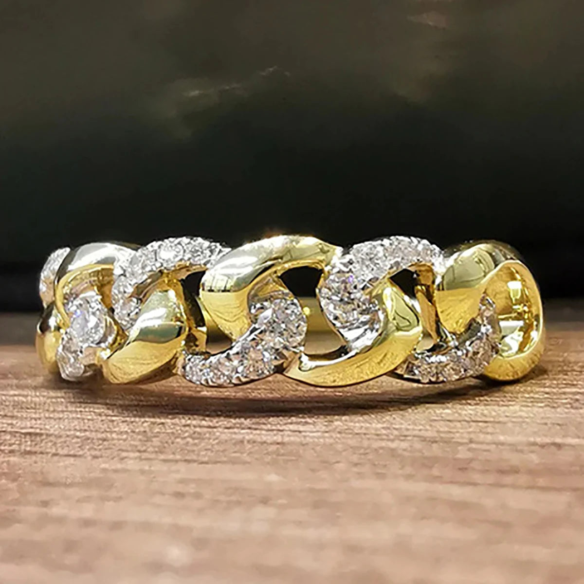 CAOSHI Vintage Style Cubic Zirconia Cross Chain Design Rings for Fashion Party Hip Hop Gold Plated Band Rings for Women and Men