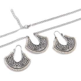 Vintage Silver Color Geometric Earring Necklace Set Women for Indian Hook Heart Stud Earring Jewelry Set
