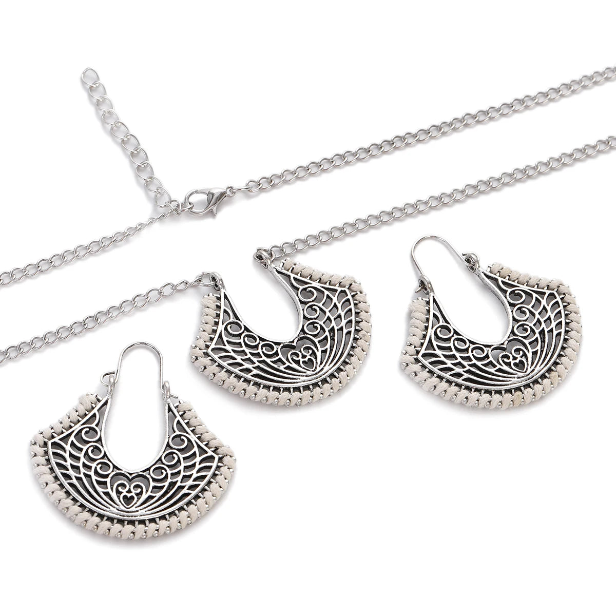 Vintage Silver Color Geometric Earring Necklace Set Women for Indian Hook Heart Stud Earring Jewelry Set