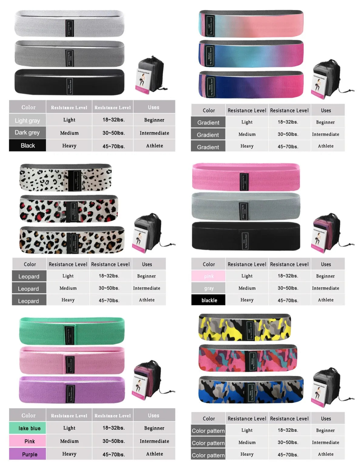 Wholesale Custom Logo Booty Resistance Workout Bands Exercise Hip Fabric Latex Bands Strip Type Fitness Bands Cotton Bags