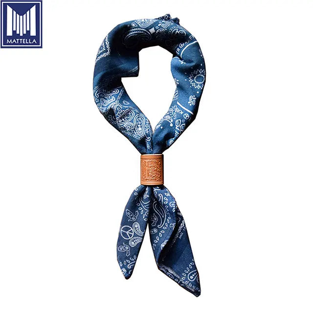 Vintage Handmade Leather Buckle Cotton Digital Print Selvedge Denim Men Square Neck Gaiters Shawl Bandana Scarf