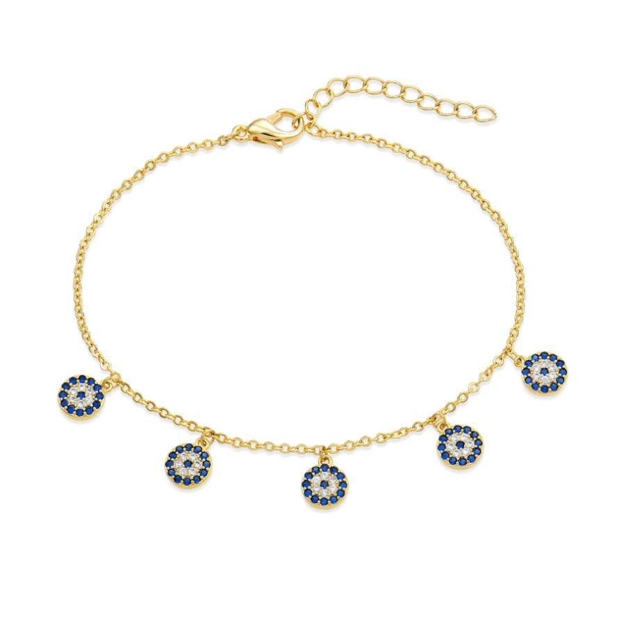 18K Gold Plated 925 Sterling Silver Eye Charm Bracelet Blue Cubic Zirconia Turkish Nazar Protection Jewelry for Women Gift