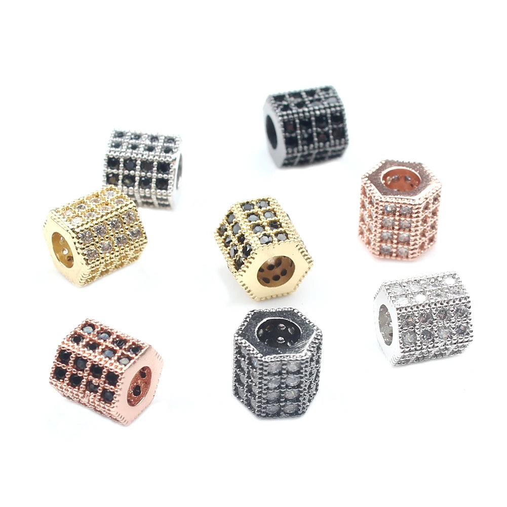 Wholesale 3pcs/Bag Brass Micro Pave CZ Zirconia Beads Hexagon Tube Shape Spacer Beads for DIY Jewelry Findings Components