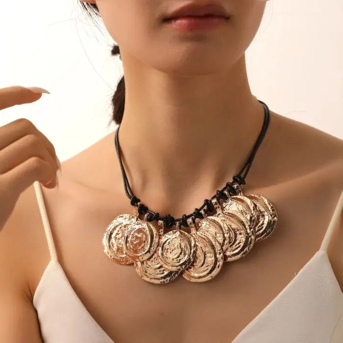ZA Double Knotted Leather Cord Necklaces for Women Retro Alloy Round Medallion Tassel Pendant Necklace Party Jewelry