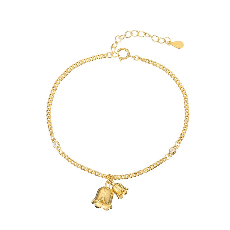 NEW Fashion 925 Sterling Silver Bracelet Flower Charm Bell Zircon Gold Plated Bracelets Women