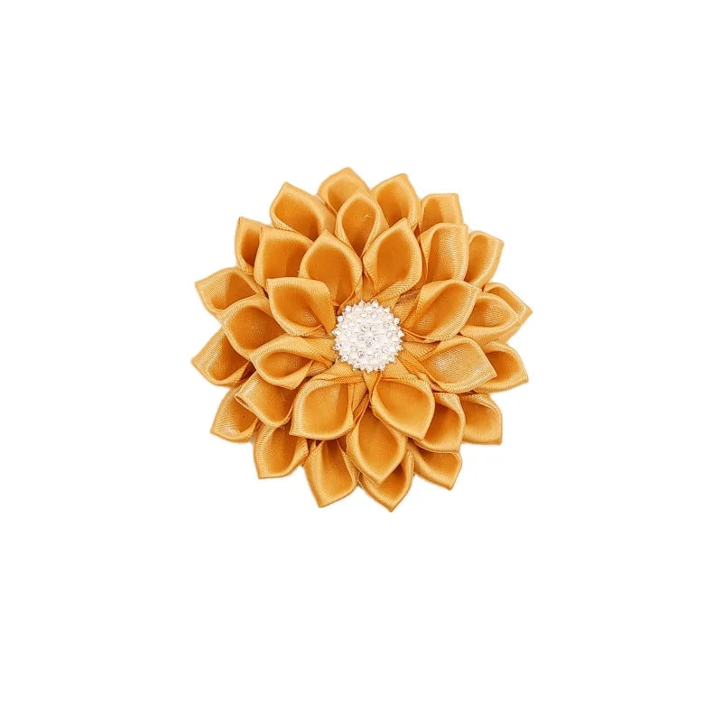 3.5" Gold and White Fabric Flower With Jeweled Center  for Dress Suit Pins