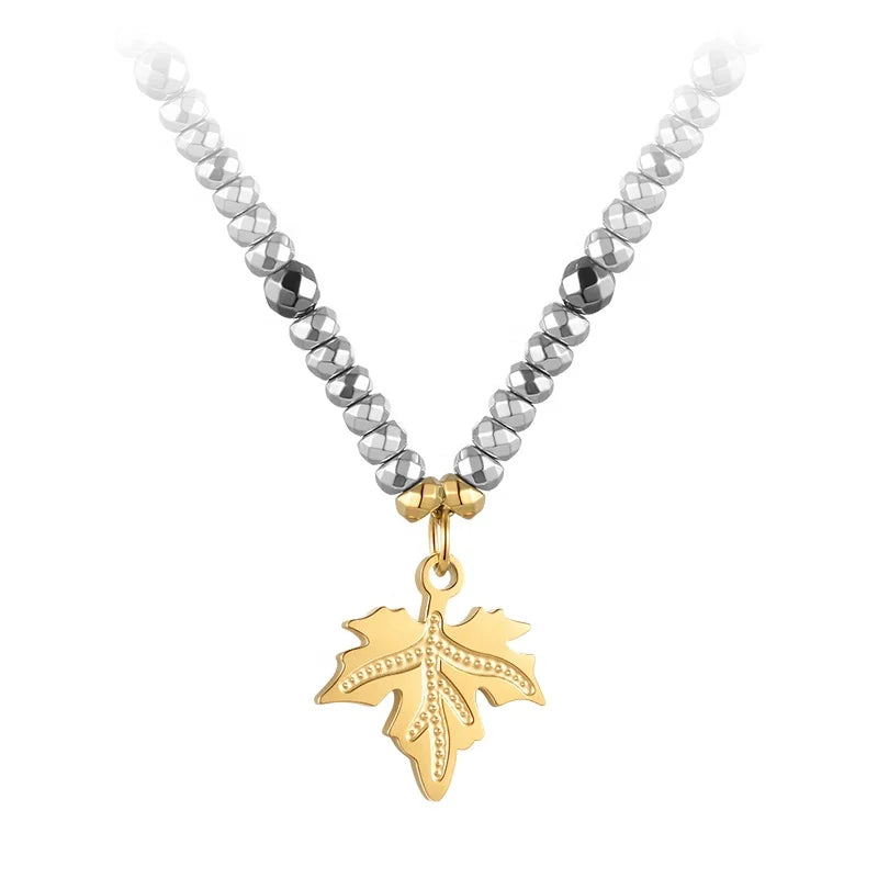 18K Gold Plated Stainless Steel Jewelry Natural Stone Beads Hematite Maple Leaf Pendant  Necklaces P223304
