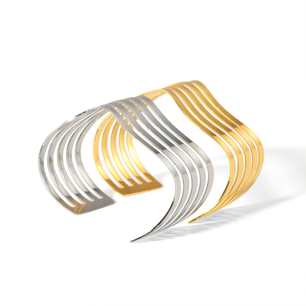 New Arrival 18K Gold Plated Stainless Steel Irregular Wave Hollow Wide Bracelet Bangle for Women MegaBDM
