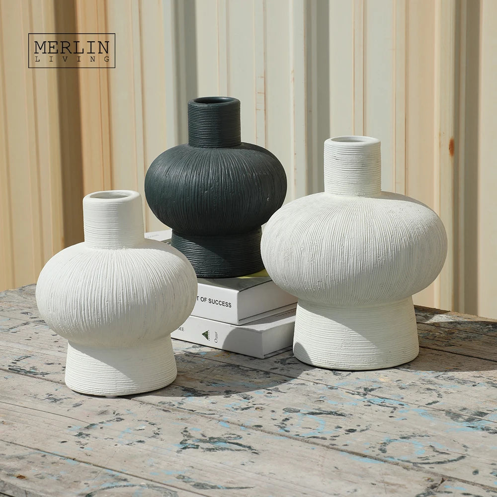 Merlin Living Dashed Design Ribbed Nordic Vase Thin Pipe Mouth Ceramic Vase for Desktop Vase Decoration