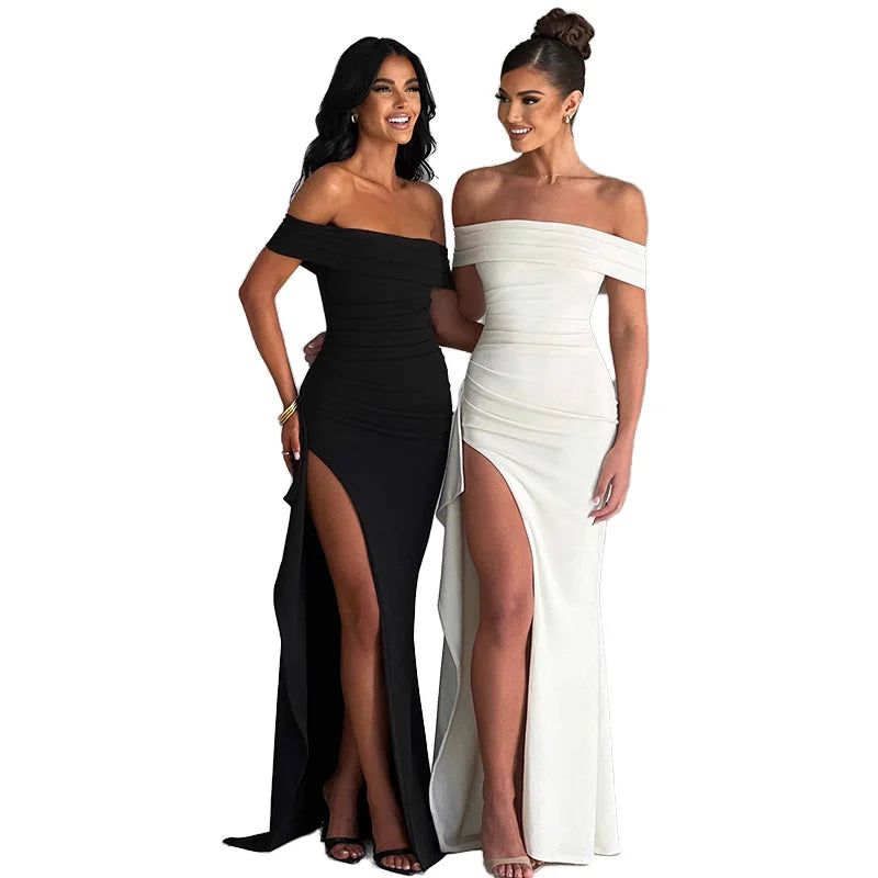 Women's Evening Dress Party One-word Neck Tube Top Dress Sexy Halter High Split Dress