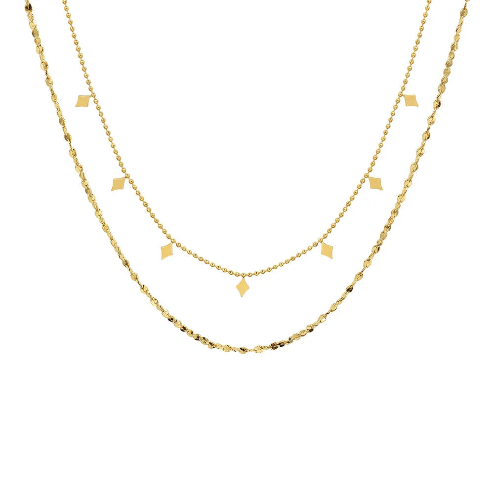 18k Gold Plated Rhombus Sequin Double Layers Chain Necklace Stainless Steel Layered Choker Necklace