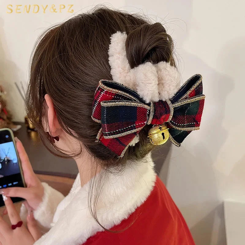 Christmas Bell Plush Hair Clip Accessories Lovely Bowknot Large Hair Claws New Design for Women Thick Hair