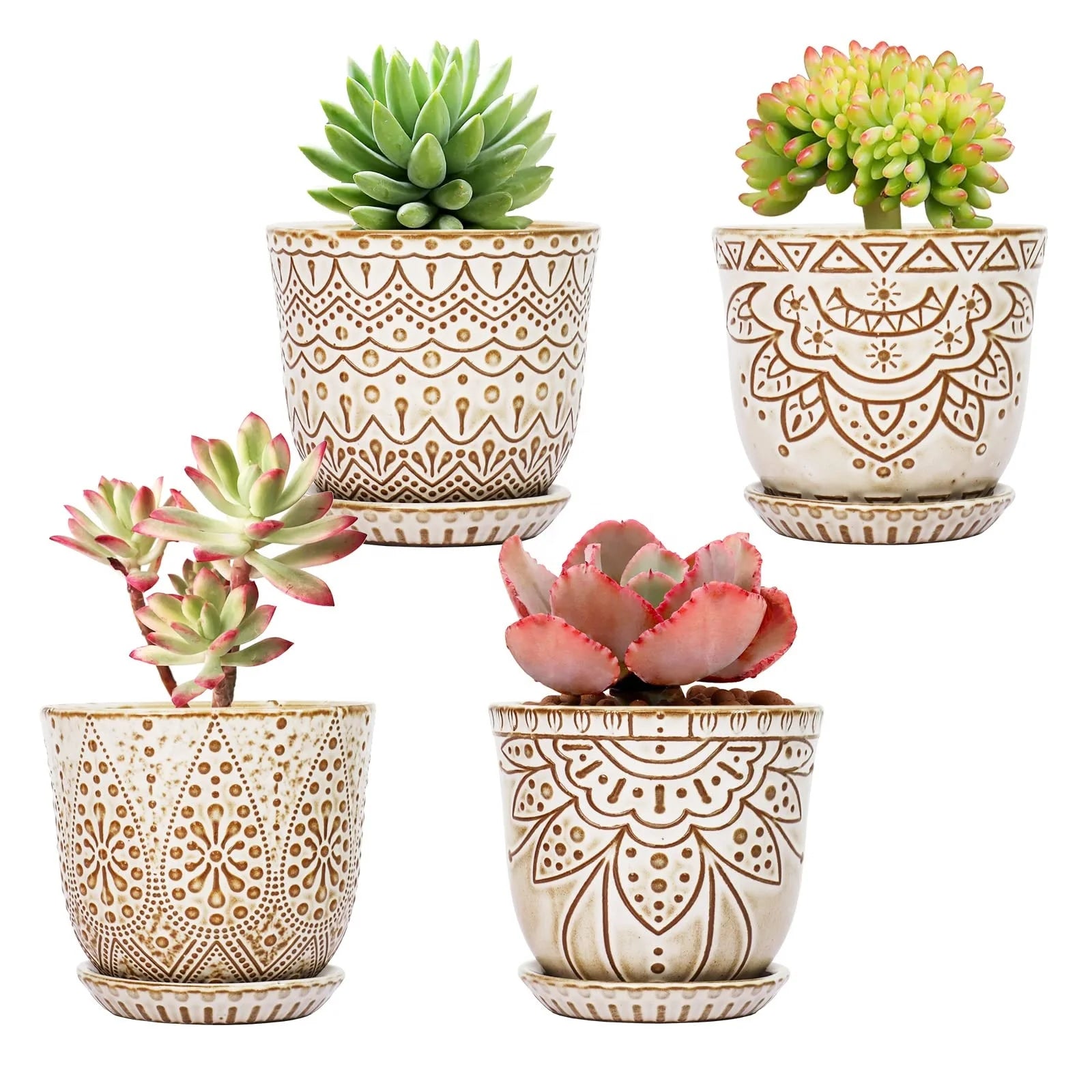 Bohemian Style Garden Exquisite Ceramic Flower Pot Relief Design Home Decoration Vase With Osculum and Tray