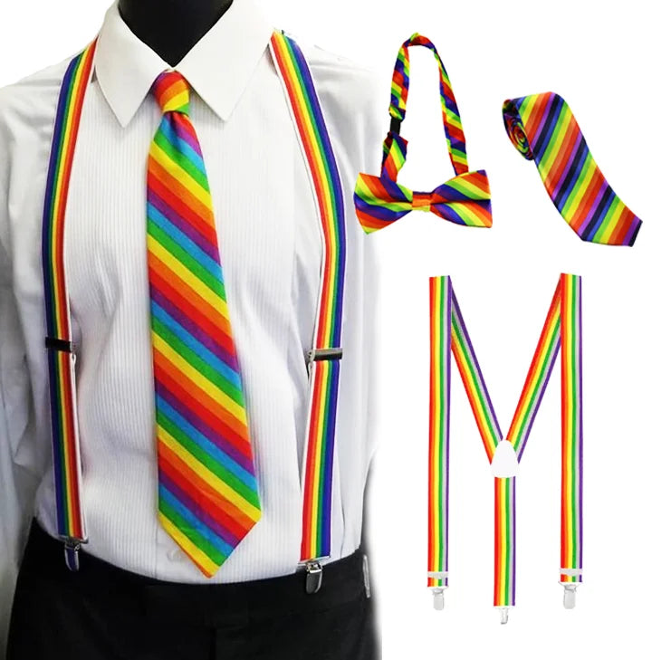 Adjustable Rainbow Bow Tie Set Men's Pride Day Decoration Suspenders Necktie Set with Pride Braces