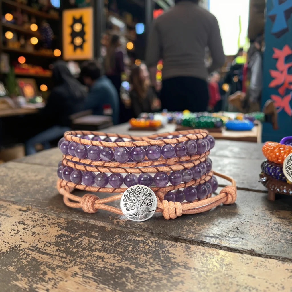 Handmade Bohemian Healing Bracelet for Women 6mm Natural Amethyst Beads 3 Strands Leather Wrap Geometric Trendy Crystal Bangle