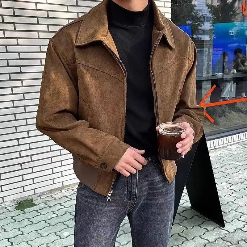 Mens Suede-Like Anti-UV Bomber Jacket Zipper Closure Button Detail Streetwear Plain Autumn Korean-Style Lapel Versatile Marled MegaBDM