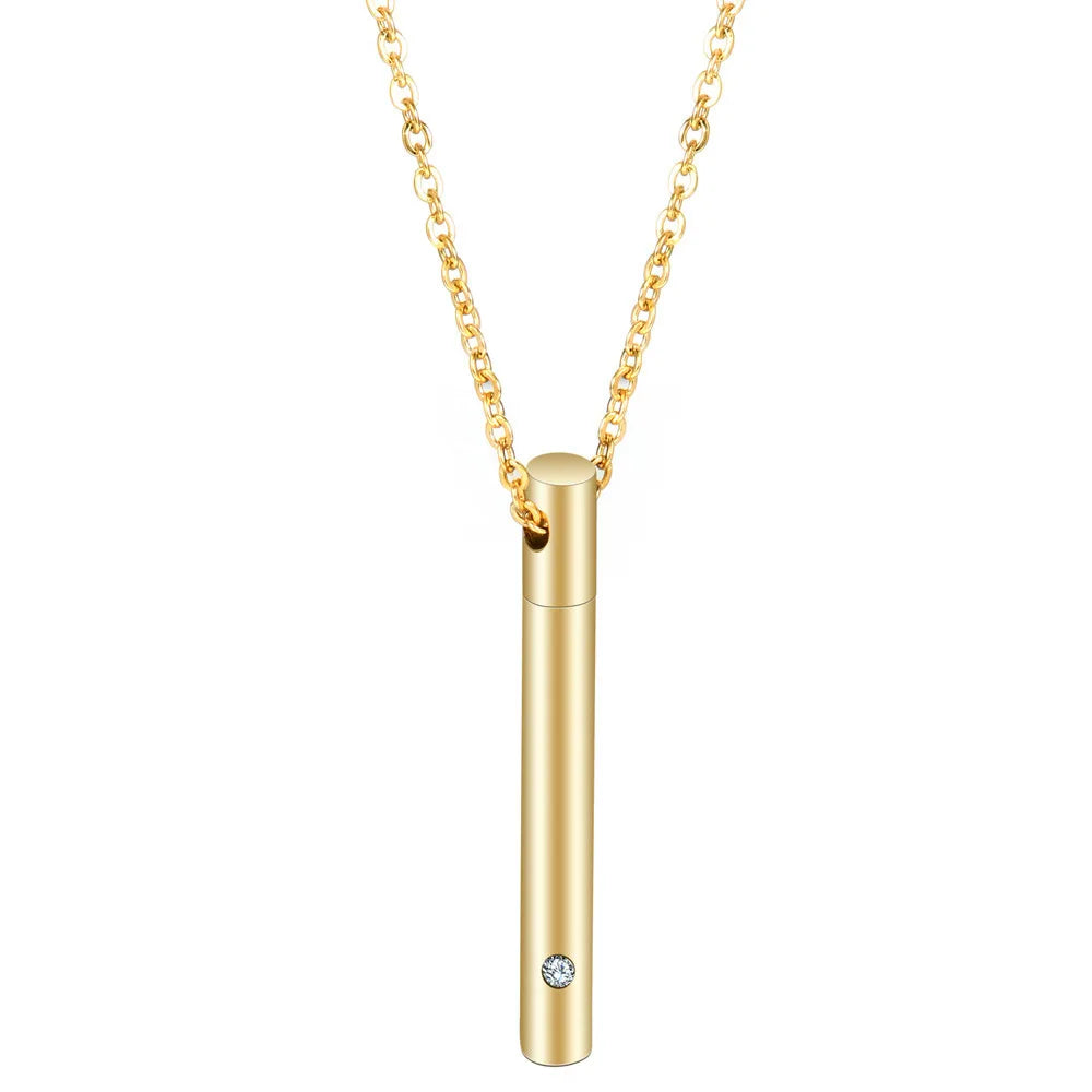 Memorial Cremation Jewelry Zircon Open Cylinder Stainless Steel Urn Gold Plated Bar Pendant Ash Necklace