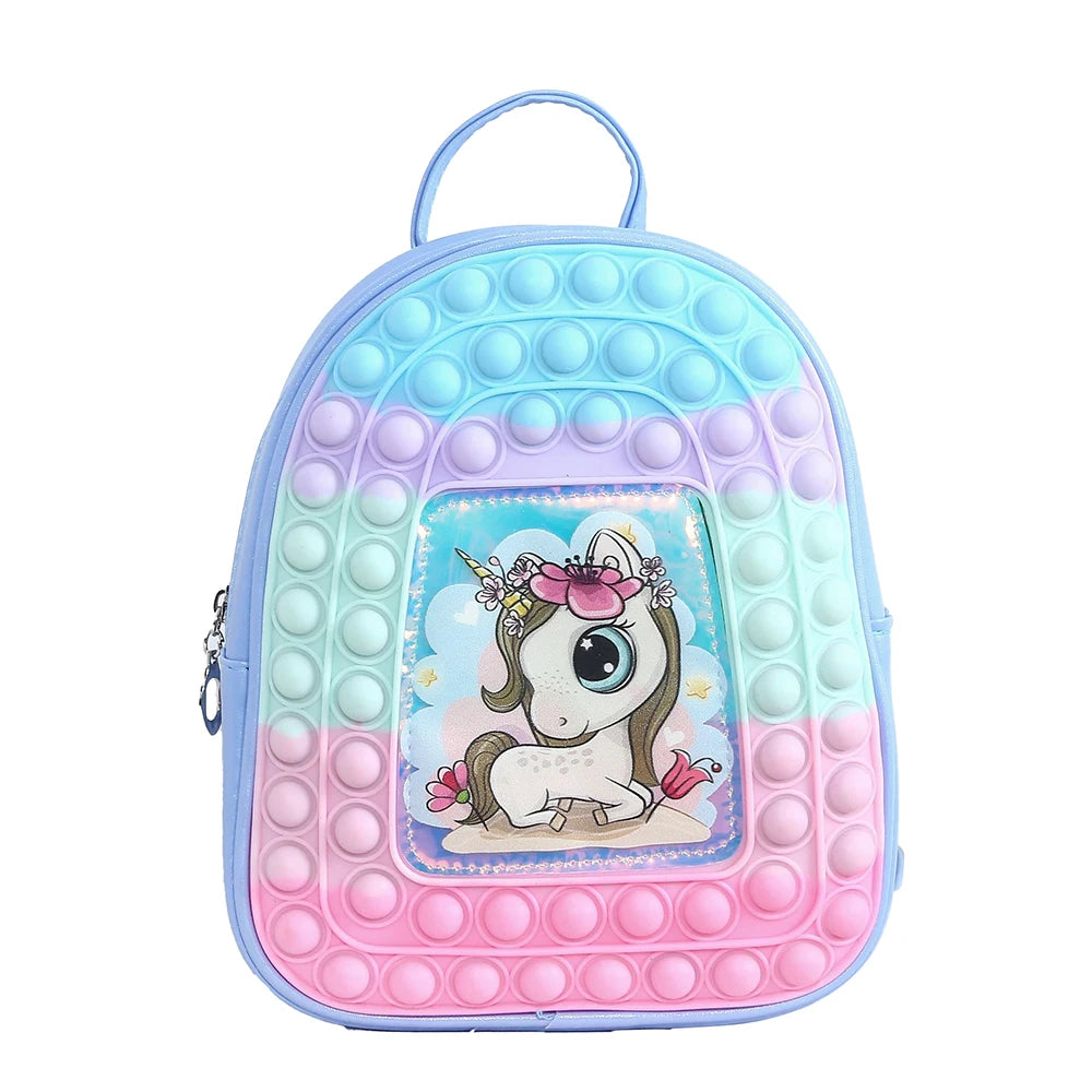 Hot Selling Silicone Push Pop up Fidget Girls Backpack Book Bag Custom Popit Out Rainbow Shoulder Bubble Schoolbag