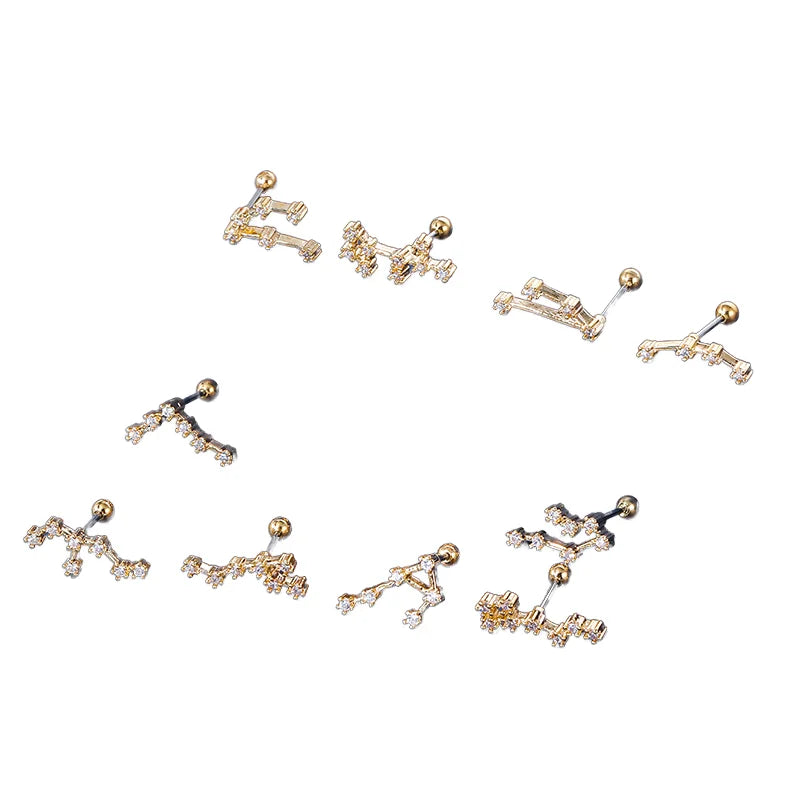 HOVANCI Wholesale Gold Plated Twelve Zodiac Birthstone Ear Studs Asymmetric Cubic Zircon Aretes Earrings Set Stylish for Parties