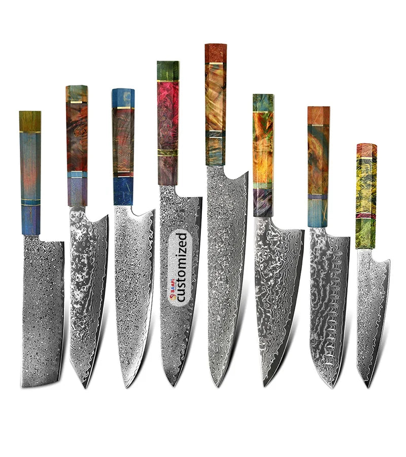 Factory Wholesale Colorful Wood Handle VG10 Damascus Steel Blade Kitchen Chef Knife Set
