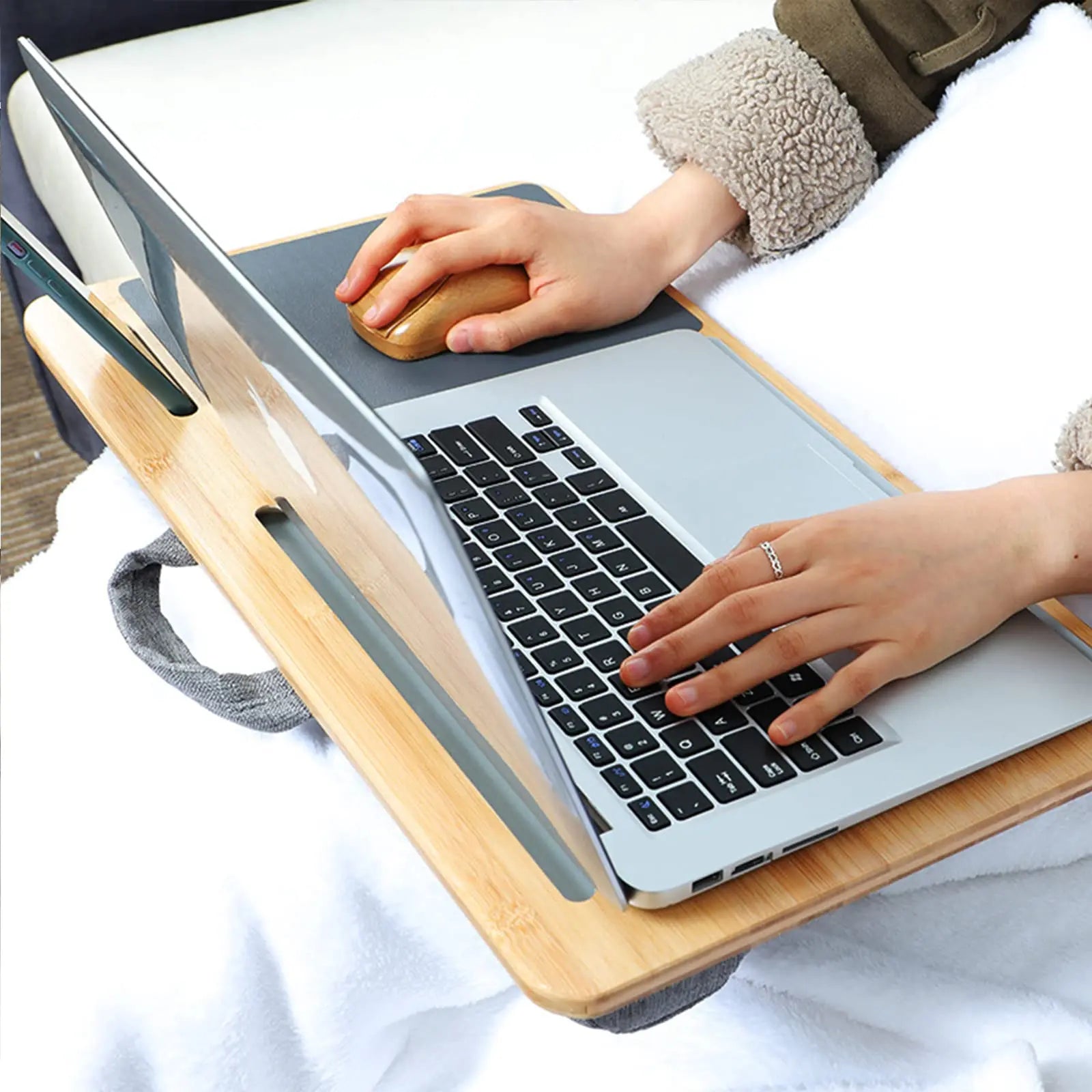Portable Wooden Bamboo Surface Lap Desks Laptop Knee Table Notebook Tablet Stand Laptop Lap Pad Tray with Cushion Mouse Pad