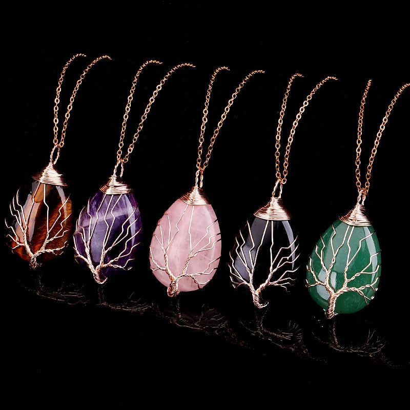 Luxury Handmade Braided Copper Wire Tree of Life Woman Man Waterdrop Shape Natural Gem Stone Pendant Necklace Jewelry
