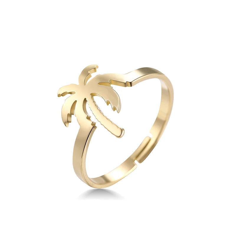 Coconut Palm Pattern Rings for Women Stainless Steel Adjustable Ring Classic Style Good Party Jewelry