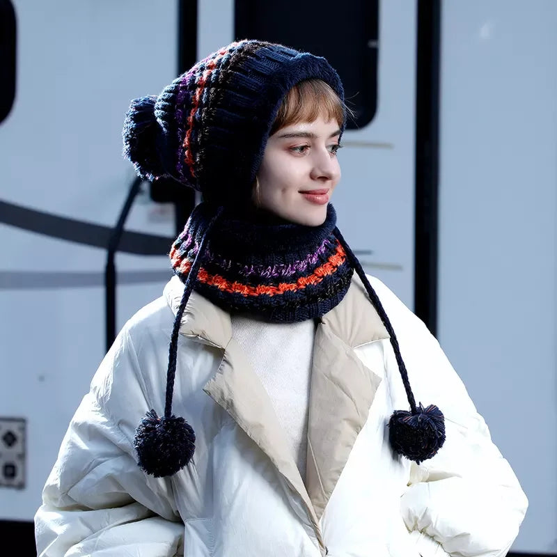 Fashion Women Fleece Lined Warm Hats Neck Warm Beanie Knitted Cap Scarf Set