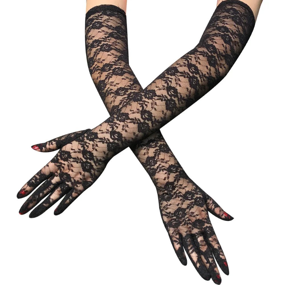 54cm Women Lace Gloves Tulle Elbow Short Wedding Bride Dress Mittens Sunscreen Black White 100% Polyester