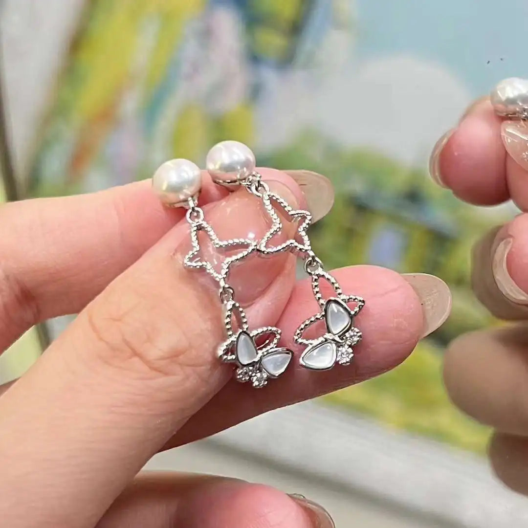 Natural Freshwater Aquaculture Pearl Earrings Inlaid Butterfly Design Organic Seawater Shell Pearl Jewelry