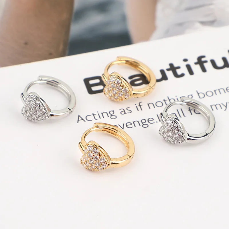 Vintage Minimalist Statement Earrings Cute Small Gold Hoop with Zircon Heart Trendy Huggies Design for Women Girls Made of Brass